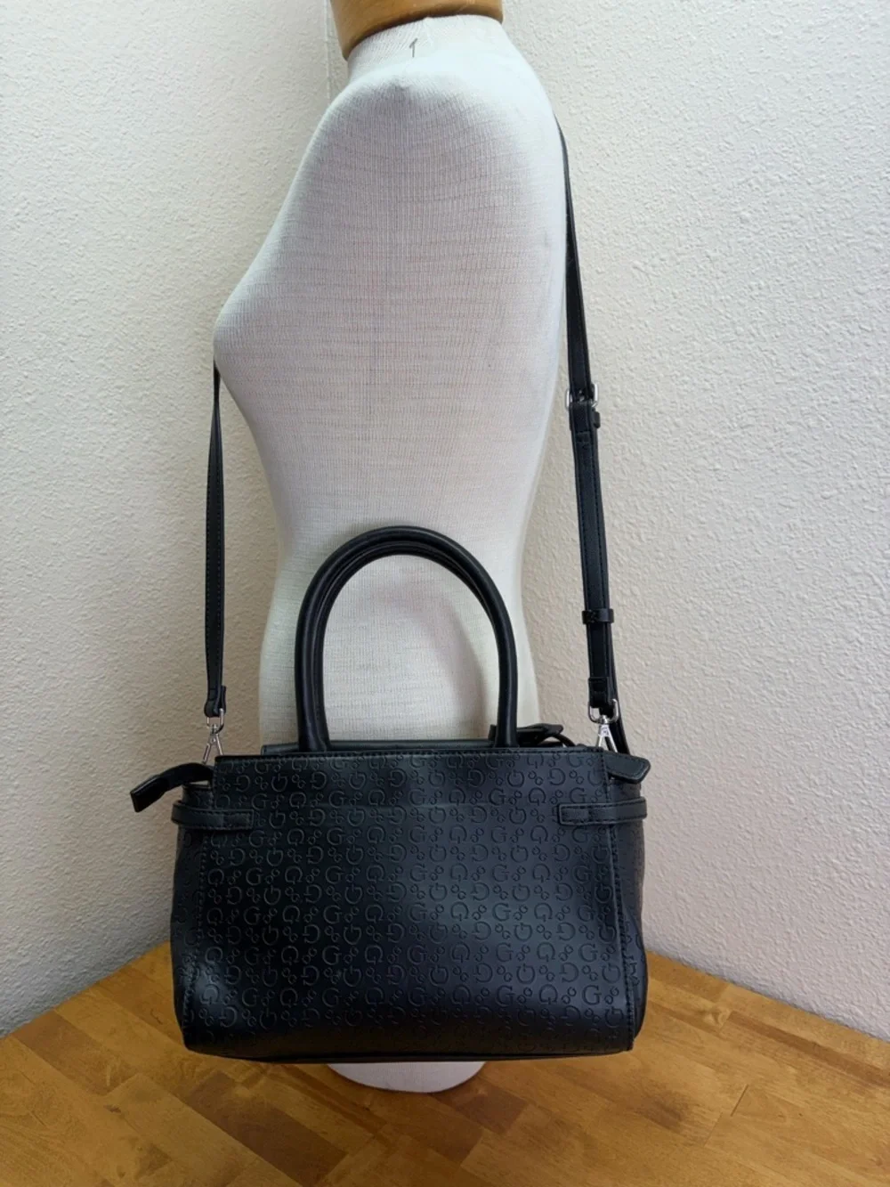 Guess Los Angeles Black Logo Embossed Satchel Crossbody Bag